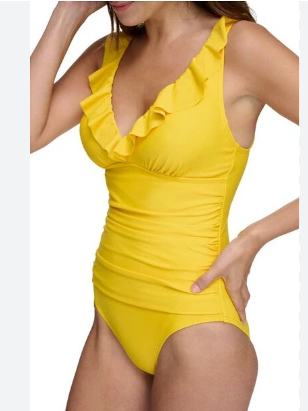 DKNY Ruffle Plunge Underwire Tummy Control Swimsuit. Bright Yellow size Large